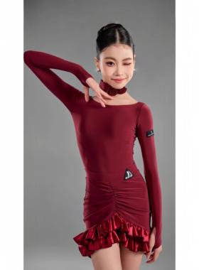 2xh200402蛋6年秋冬款拉丁舞服三女童练习服色绑带糕新裙半高领长