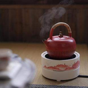 苏打釉青花竹叶山水四方电陶炉诗文圆茶炉煮茶器茶炉茶壶 梵山堂