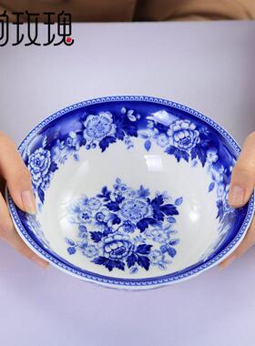 家用碗杯套装陶瓷釉钴蓝色玫瑰花中彩个性青花瓷餐具带勺子现货