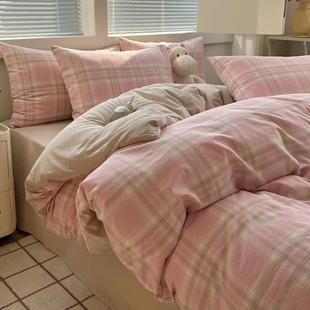 简约纯棉水洗棉床上四件套100全棉被套宿舍床单人床笠三件套床品4