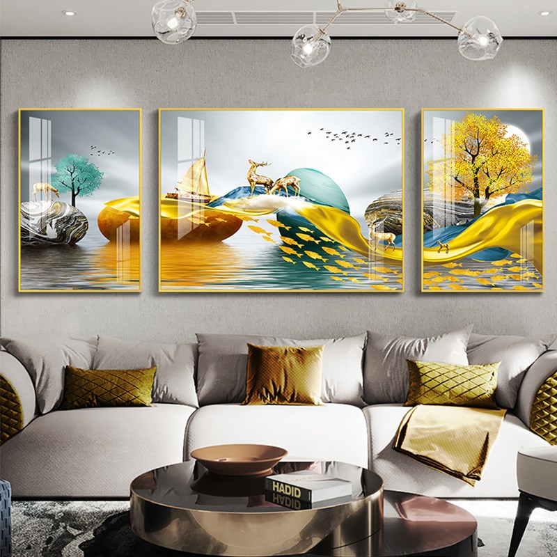 轻奢客厅装饰画沙发背景墙挂画大气壁画现代简约麋鹿晶瓷三联立体图片