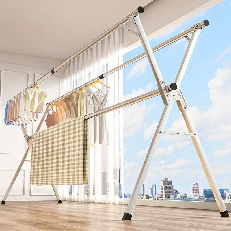 不锈钢晾衣架落地折叠室内双杆式阳台挂衣伸缩晾衣杆室外晒衣架