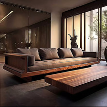 新中式实木黑胡桃木沙发现代北欧客厅别墅三人位布艺直排办公沙发