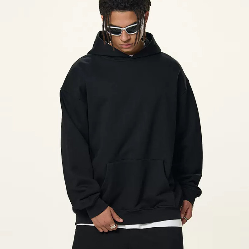 美式高智简约风纯棉重磅520g连帽卫衣男厚黑色系宽松百搭长袖上衣