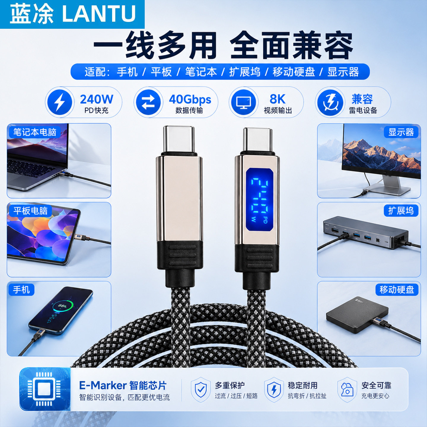 240WUSB4全功能数显数据线双Type-C延长线40Gbps高速传输8K高清投屏适用手机平板笔记本电脑实时数显编织线