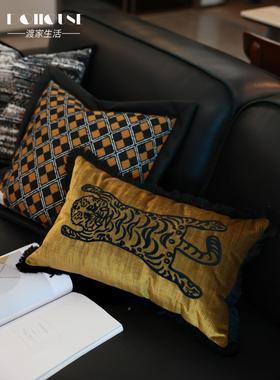 中古发风民宿抱枕黄羊毛混纺提花色CXP黑色沙布搭配客厅飞边大方