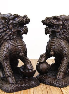 黄铜麒麟件对大号中式一招KQZ火财麒麟家居饰品玄关客摆厅店铺摆