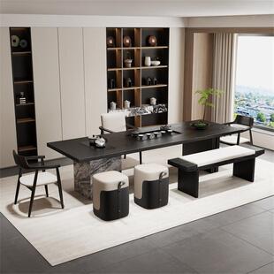 代意式办轻公室实木黑色桌椅组合现简约奢会茶客泡茶桌椅岩板5631