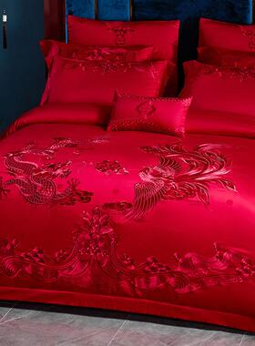 1绣40支全棉结婚品四件套床上用大红色龙凤YAMU-CPX刺高档套婚庆