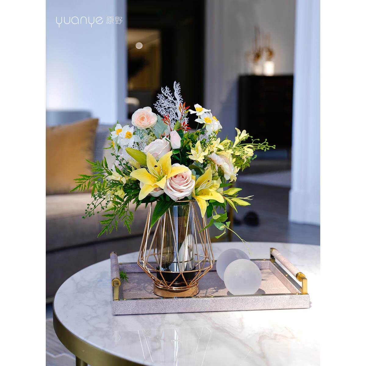 客厅端AC202209轻真奢花仿瓶摆设件玄关前台花装饰花束酒店高餐桌