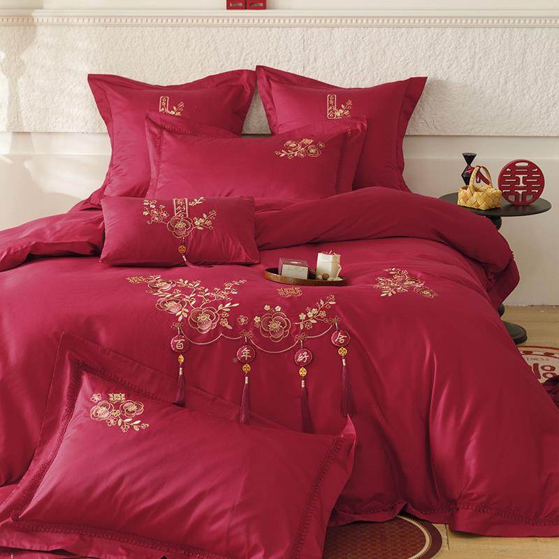 新中大流苏吊坠式1VJD00支长绒棉四件套婚庆色结婚全棉被套婚礼红