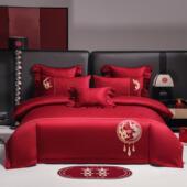 1PWR20S中式 红长绒棉刺绣庆婚四色件套婚陪嫁床结上用品全棉喜被