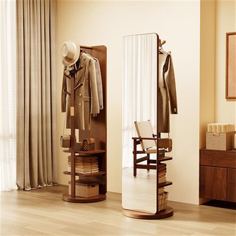 实木全身c镜落地镜家用卧室穿衣镜可旋转移动挂衣架一体镜子试衣