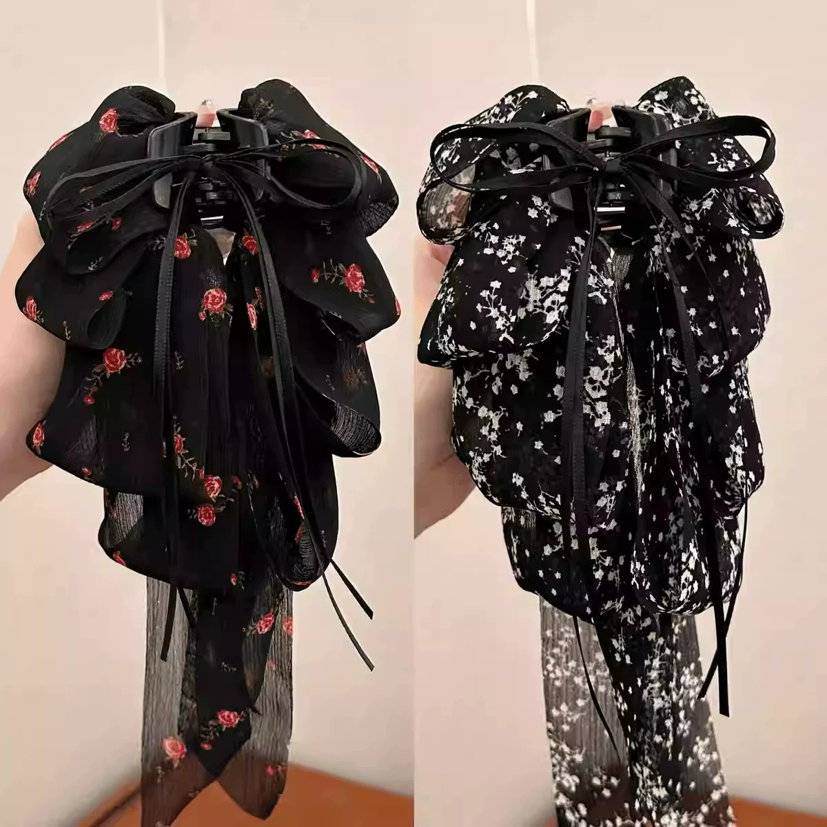 森系碎花飘带蝴蝶结马尾夹女半扎发2025新款大号抓夹百搭飘逸头饰