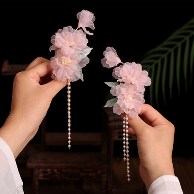 汉服绢花头饰粉色花朵后压古