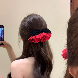浪漫琦旅 丝绒蝴蝶结蕾丝弹簧夹新年限定红色后脑勺夹发卡头发饰