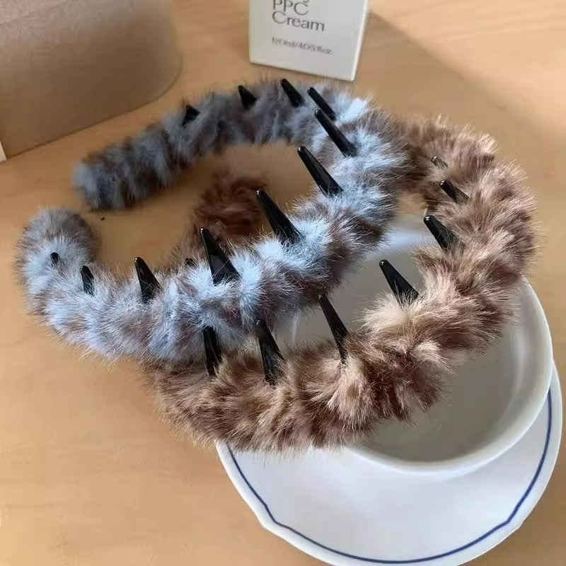 毛绒绒豹纹带齿发箍波浪头箍秋冬