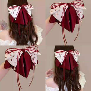 樱桃蝴蝶结飘带抓夹女2025新款高级感后脑勺盘发鲨鱼夹子头饰发夹