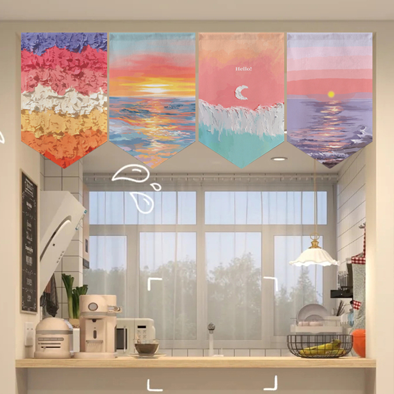 ins风客厅厨房小挂帘装饰三角旗帘门帘短帘横挂飘窗半帘隔断布帘