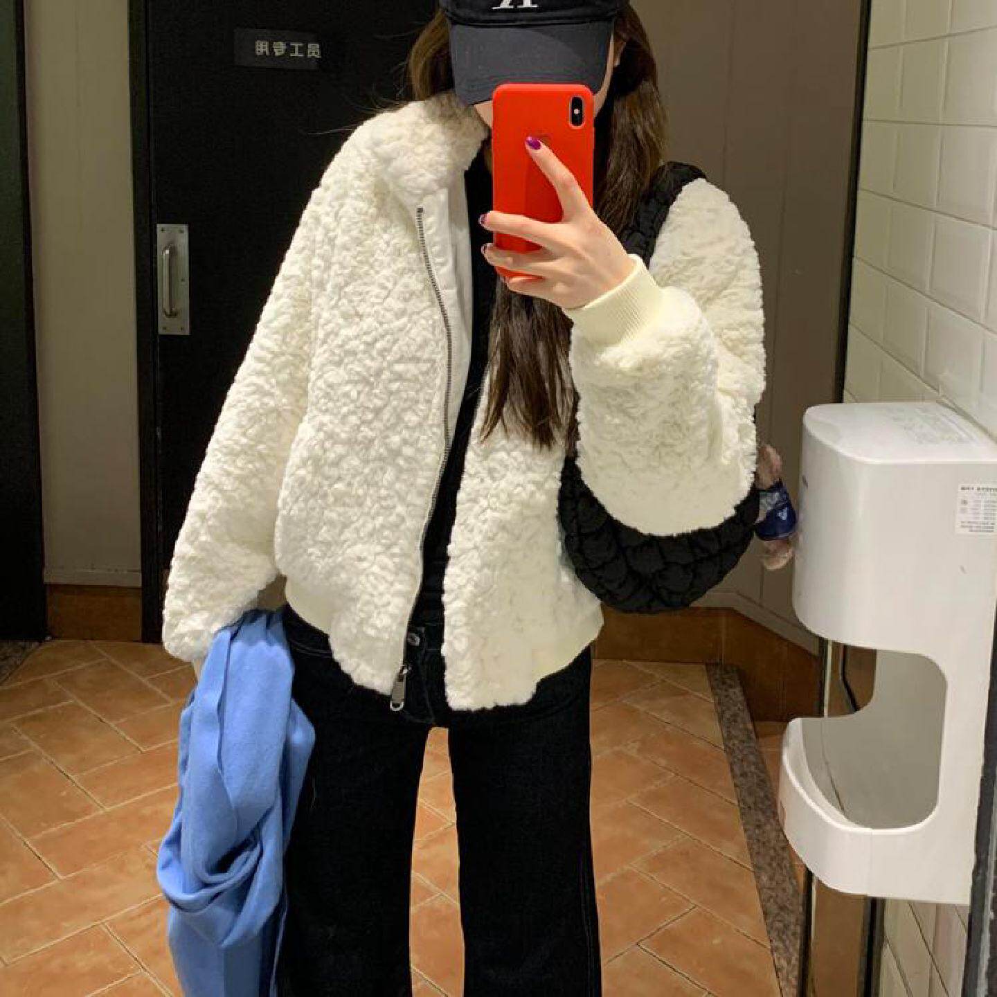 羊羔毛外套女冬季短款加厚洋气小个子羊羔绒翻领白色保暖棉服上衣