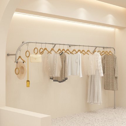 服装店展示架女装陈列架落地式不锈钢拉丝金属货架上墙衣服挂衣杆