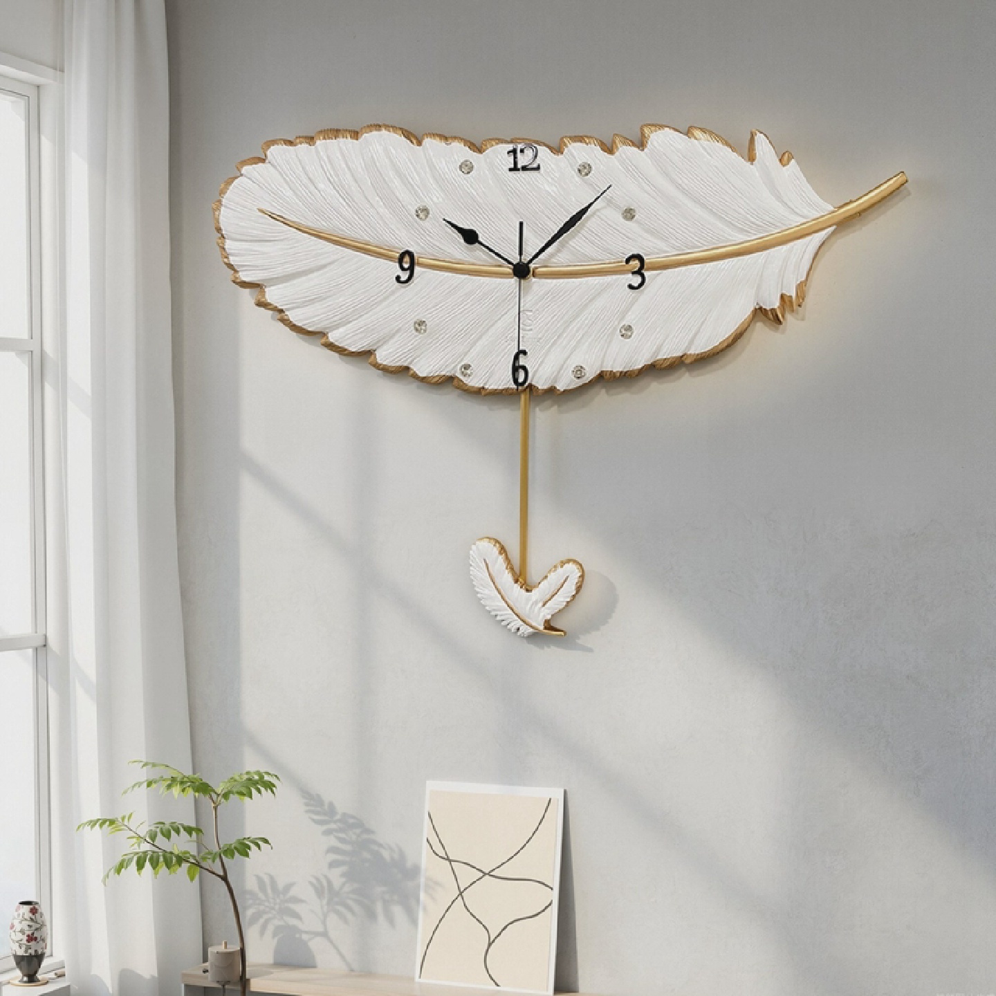 北欧三维羽毛挂钟现代客厅摆动石英钟创意个性化艺术装饰无声钟