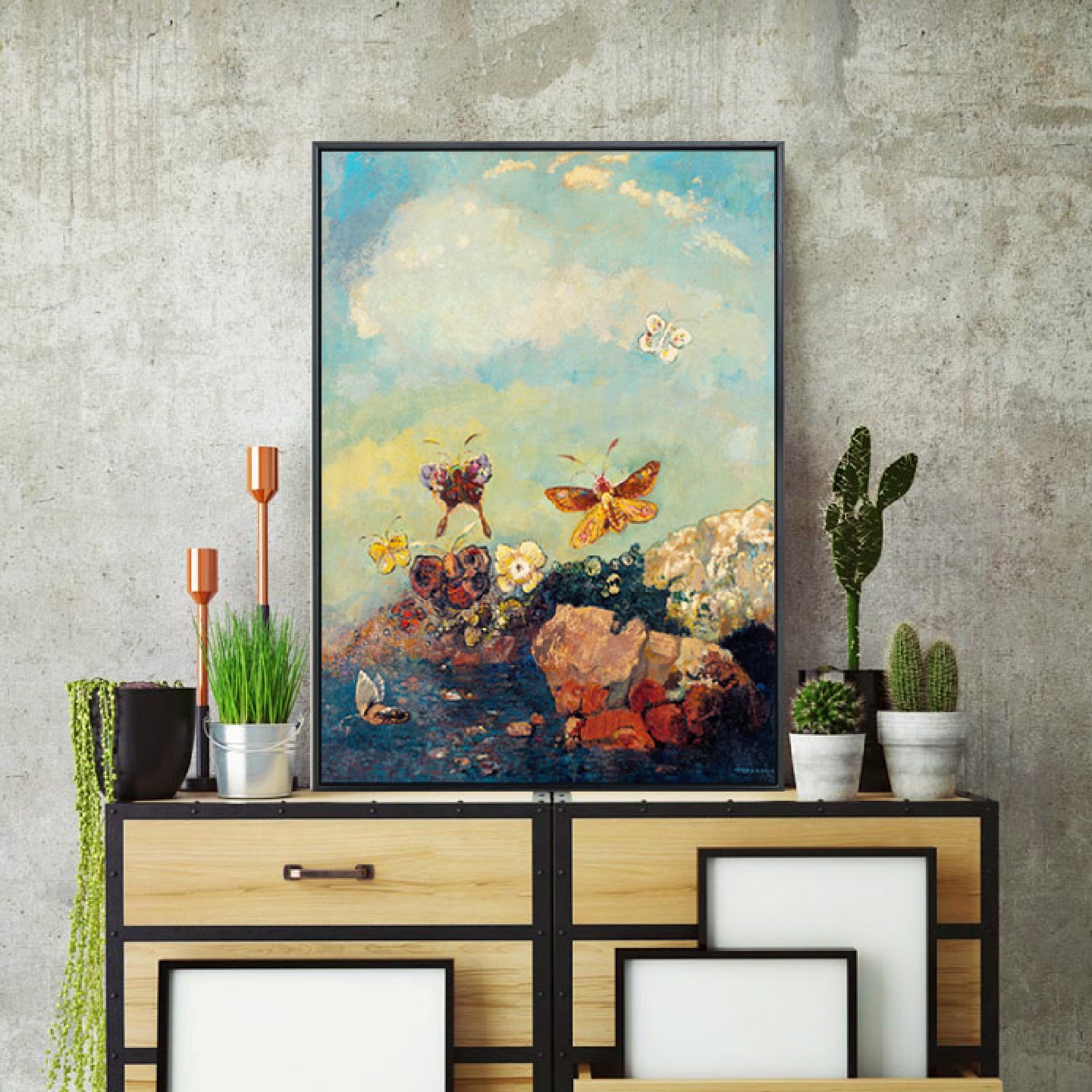 7K1莫奈风景画欧式古典蝴蝶无框三联组合装饰画餐厅挂画壁画油画图片