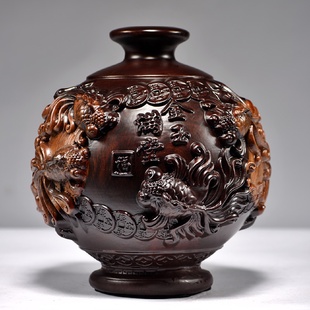 饰家居实木质工艺品 黑檀木雕金玉满堂花瓶摆件年年有鱼客厅插花装