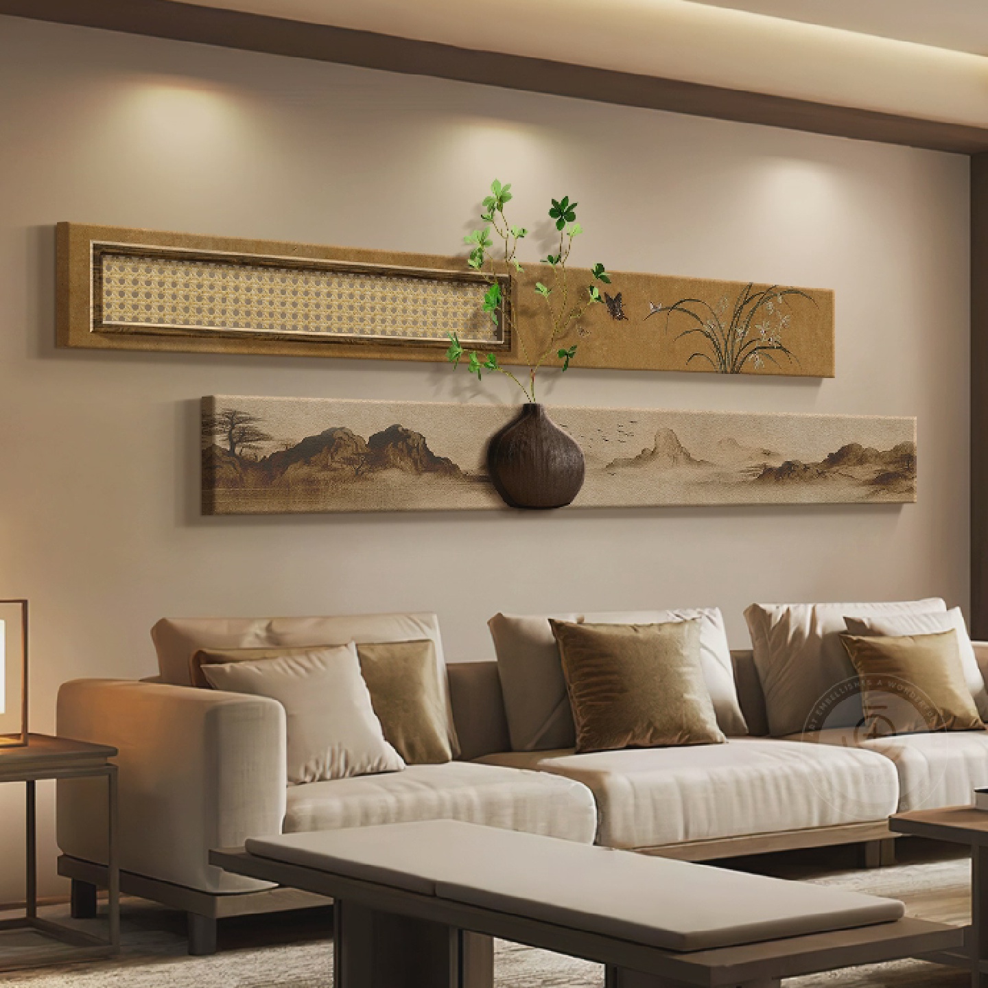 宋代美学客厅装饰画新中式沙发背景墙挂画高级感茶室氛围组合壁画