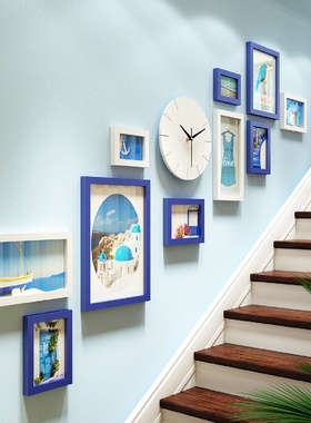 高分子0132蓝色海洋地中海LOFT楼梯照片墙复式公寓装饰画相框组合