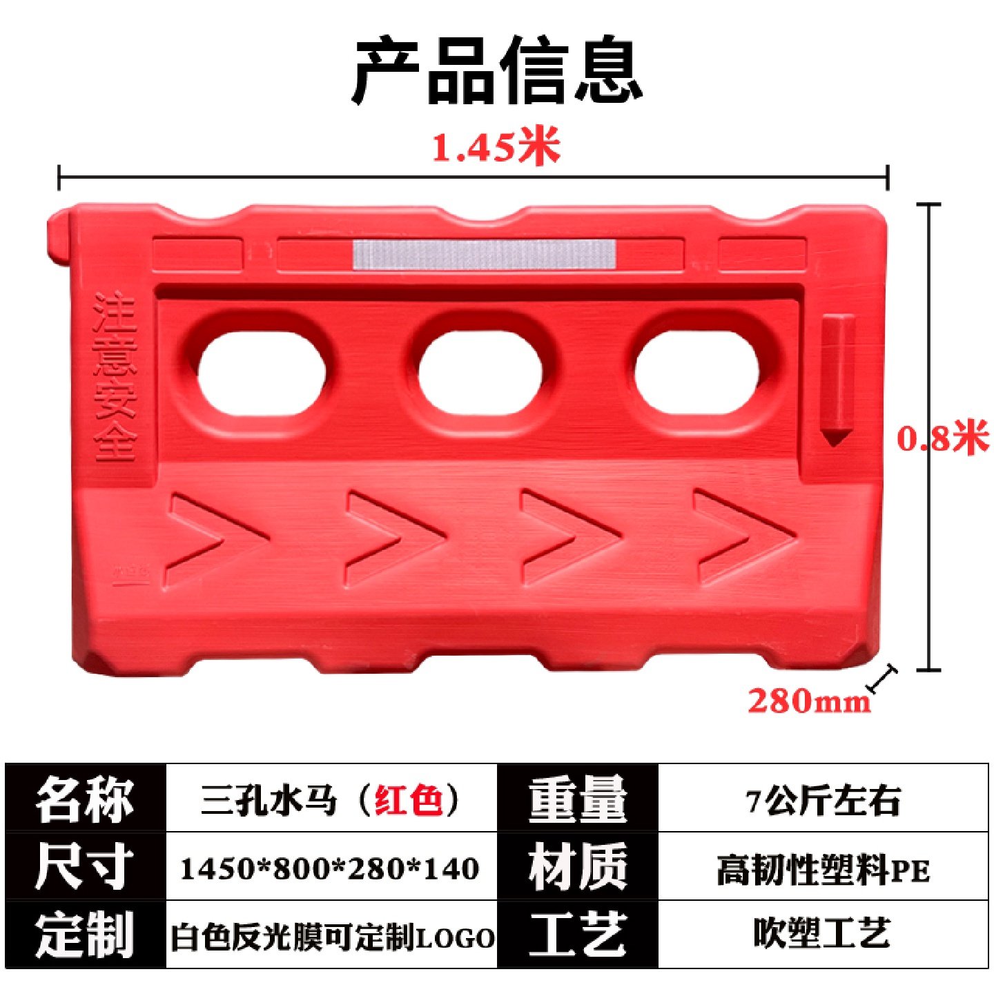 全新料注水塑料围挡1.8米1.5米防撞桶三孔水马道路隔离墩施工围栏,五金/工具,水马\防撞桶,淘宝优惠券,粉丝福利购,淘宝优惠卷