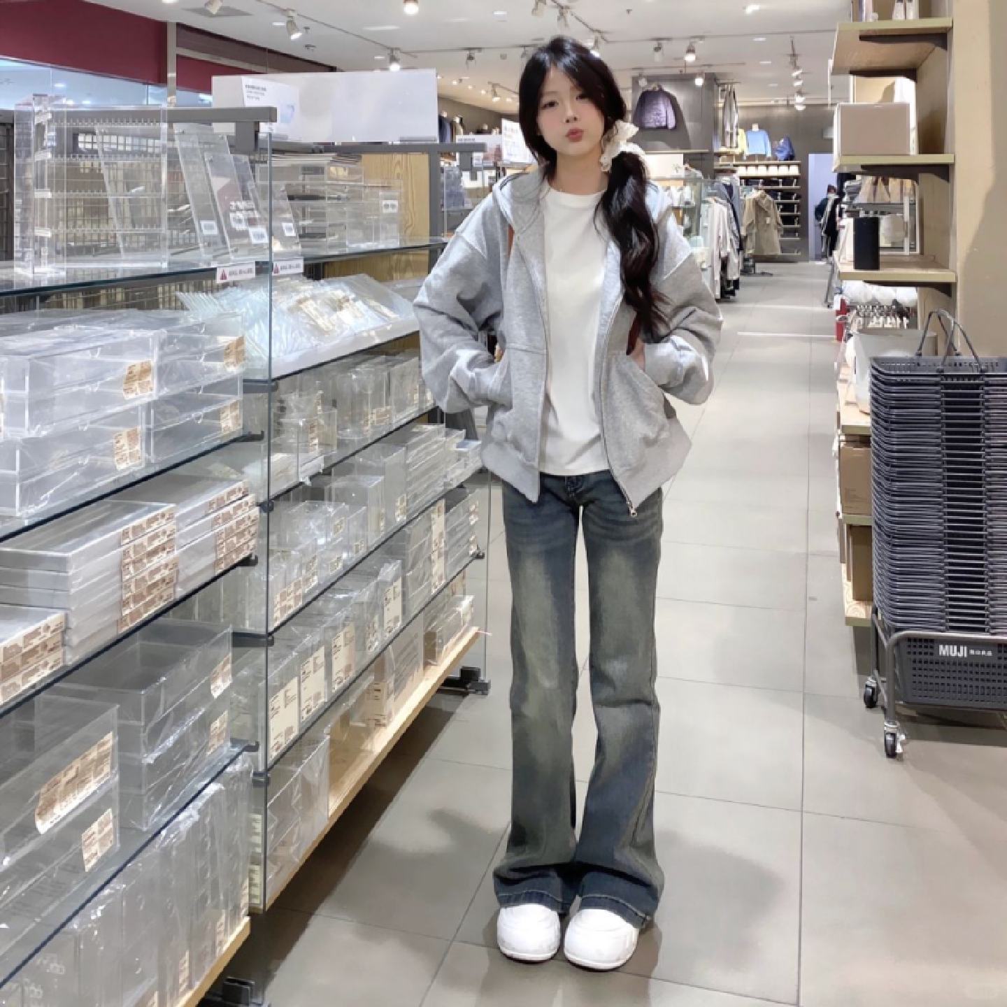 连帽卫衣外套女春秋款2025新款初秋季韩系小个子开衫灰色宽松上衣