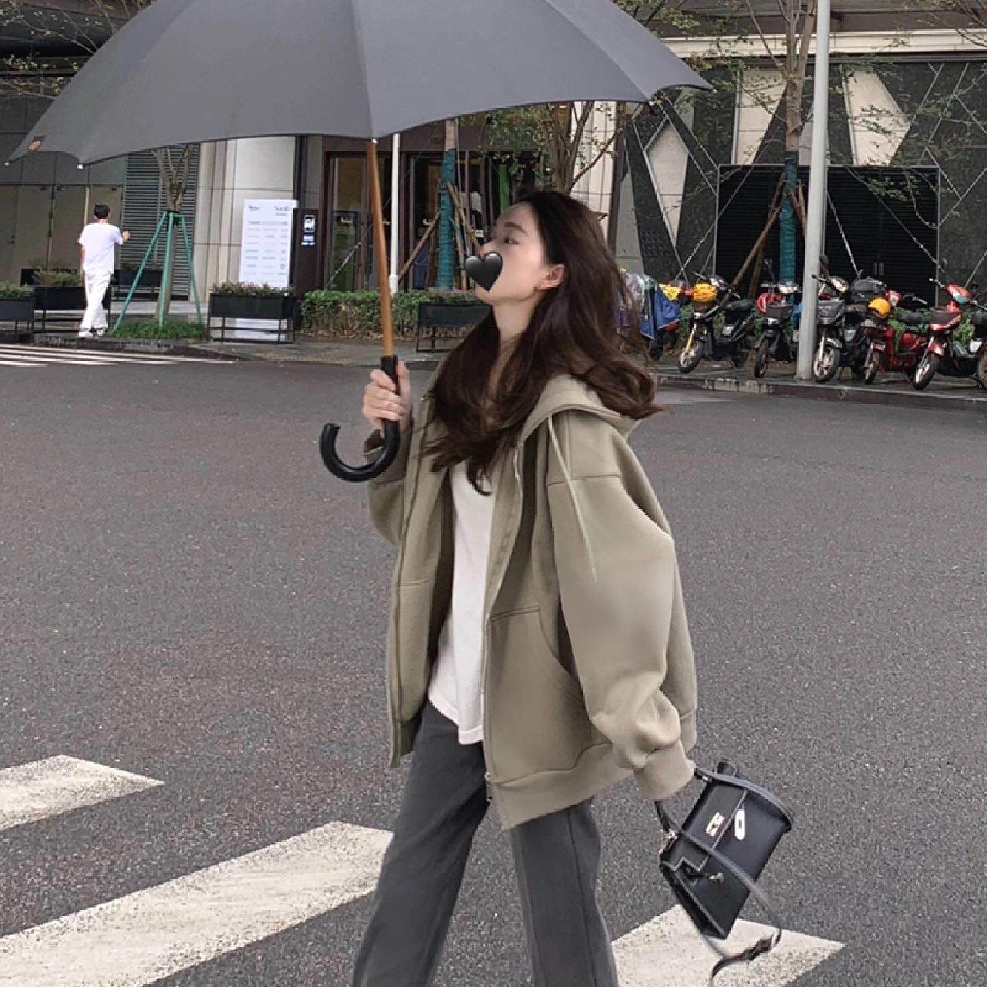 初冬加绒外套女2025新款爆款秋冬季卫衣连帽宽松拉链开衫上衣套装