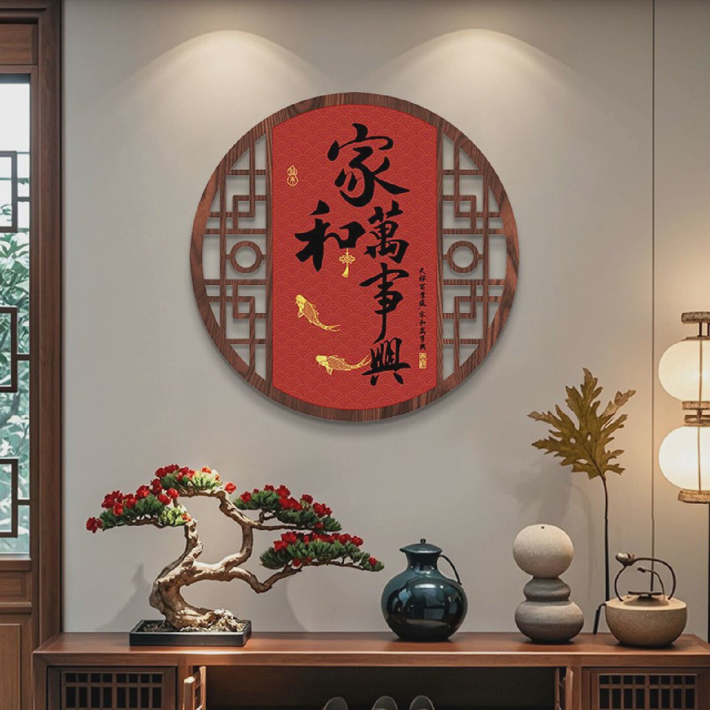新中式入户进门装饰画饭厅饭桌墙挂画家和万事兴客厅玄关窗形壁画