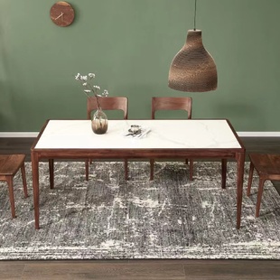极简黑胡桃木岩板餐桌长方形北欧现代家用饭桌餐桌椅组合 意式
