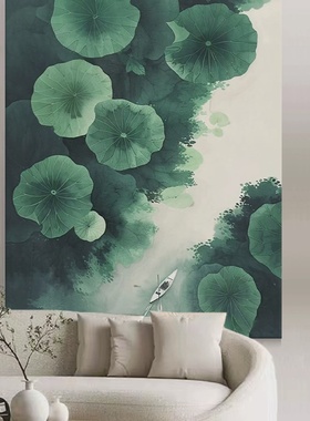 绿色意境客厅丙烯装饰画抽象荷叶小船手绘油画新中式玄关肌理挂画