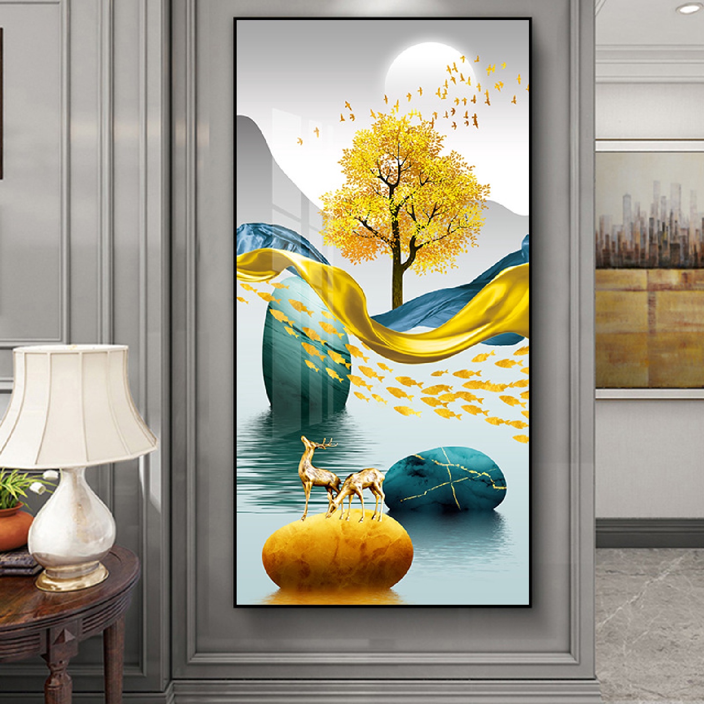 玄关晶瓷画石来运转飘带游鱼麋鹿石头装饰画沙发墙立体晶瓷挂画图片