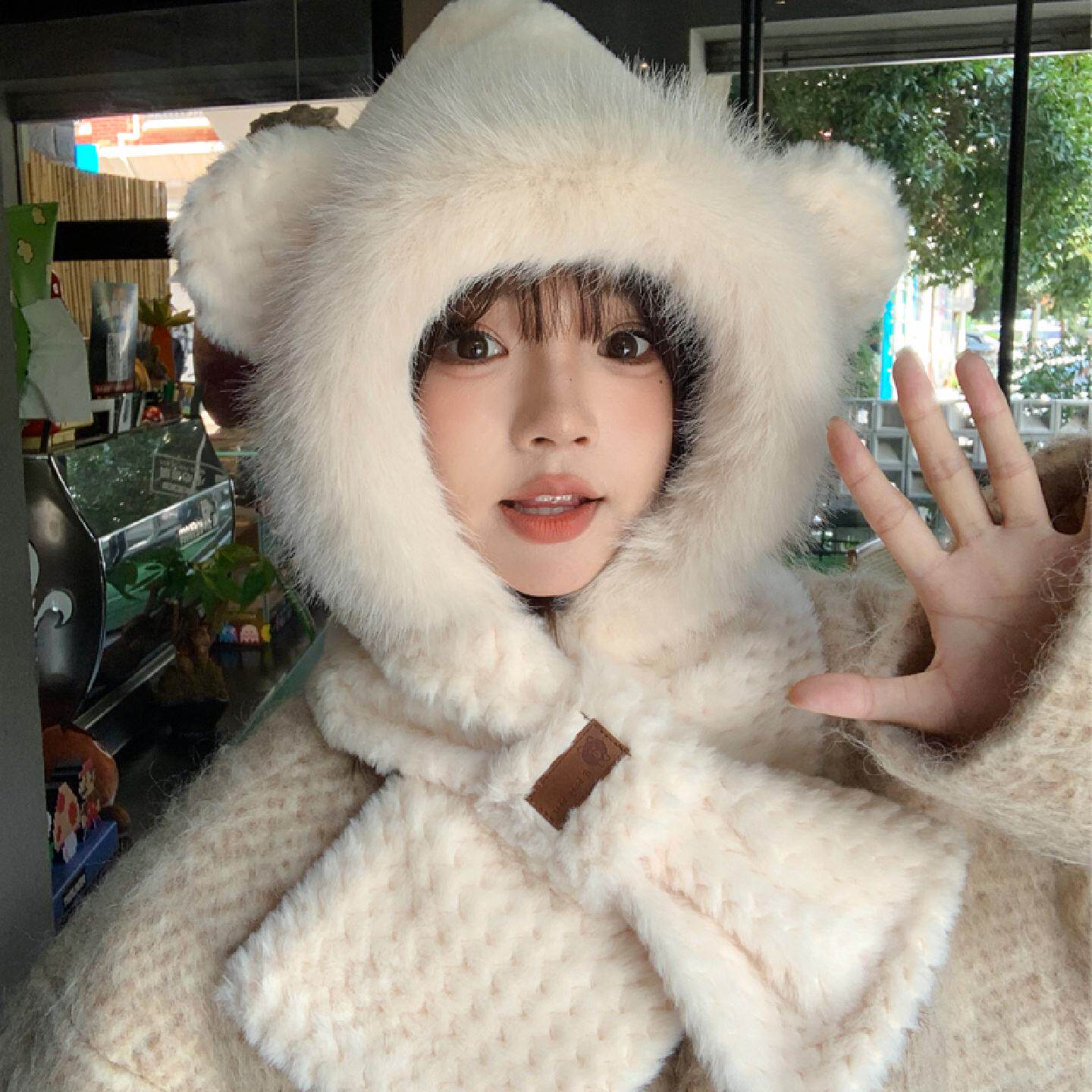 2025新款帽子女冬季小熊加厚防寒保暖手套围巾一体围脖毛茸茸防寒