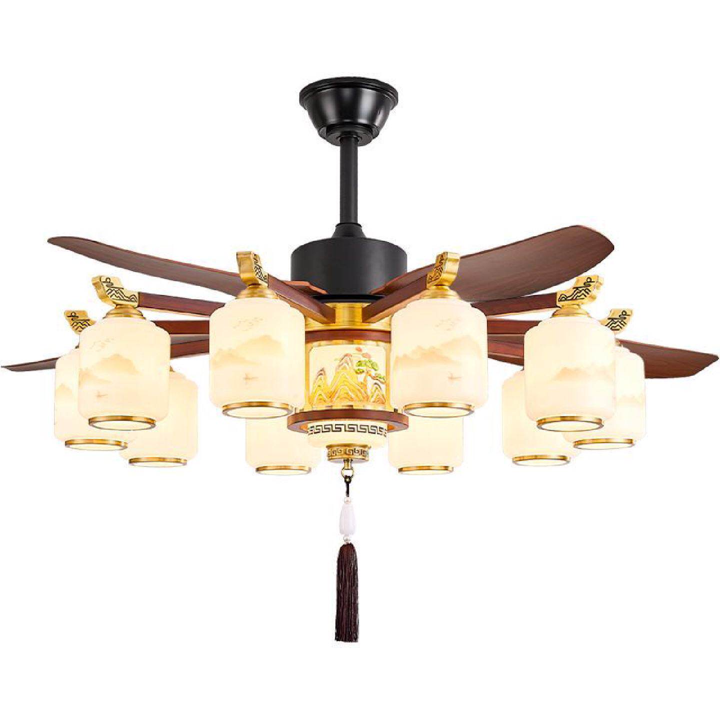 益菲新中式风扇灯客厅实木吊灯餐厅直叶吊扇灯大风力中国风电扇灯