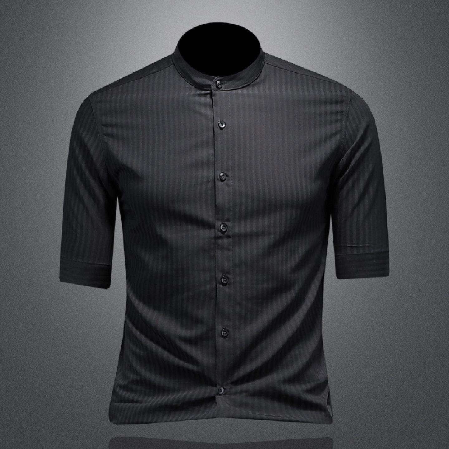 立领条纹衬衫男短袖夏季新款商务休闲痞帅薄款修身中袖透气衬衣潮