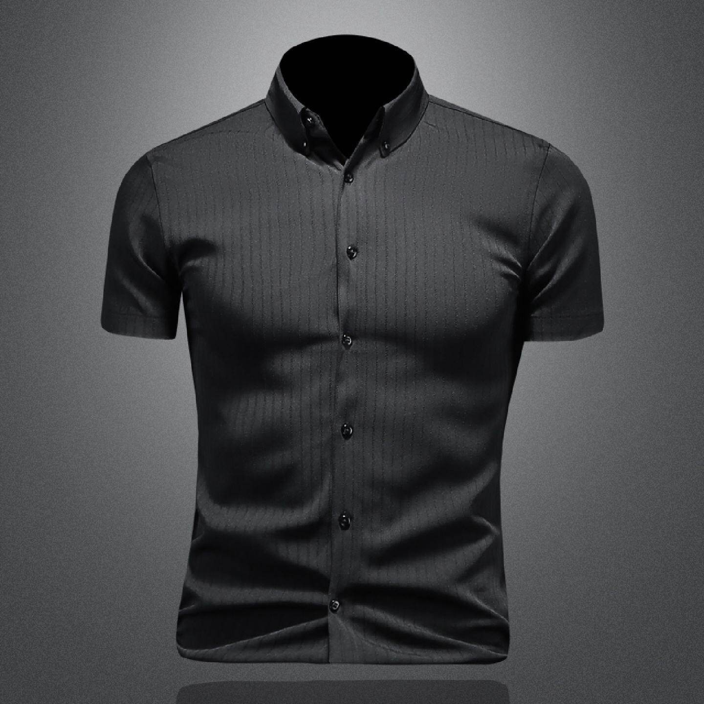 欧洲站衬衫男短袖夏季新款休闲冰丝免烫抗皱韩版修身透气条纹衬衣