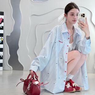 纯欲甜辣风长袖条纹衬衫女款2026秋季新款宽松显瘦设计感防晒上衣