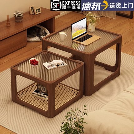实木玻璃茶几客厅家用方形大小组合藤编桌子小户型简约胡桃色茶桌