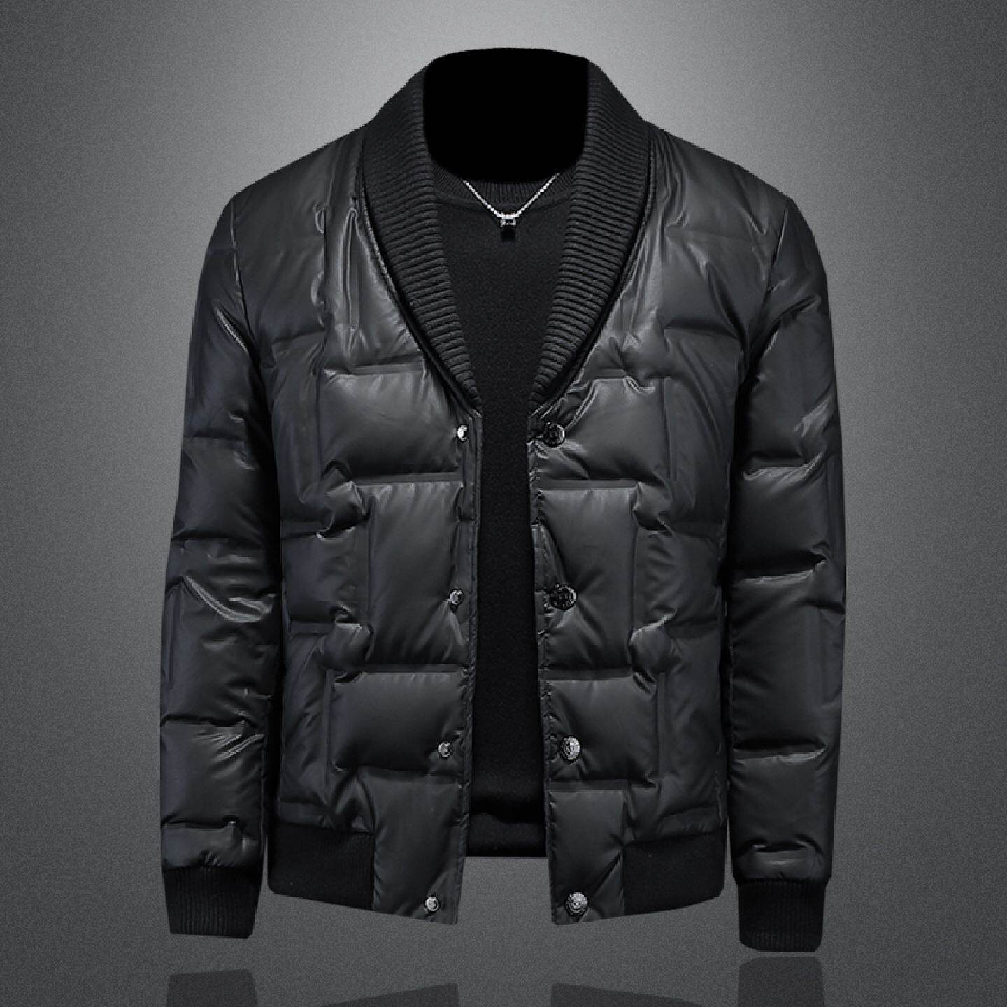 欧洲站亮面羽绒衣男装冬季新款休闲高档白鸭绒针织领大尺码外套潮