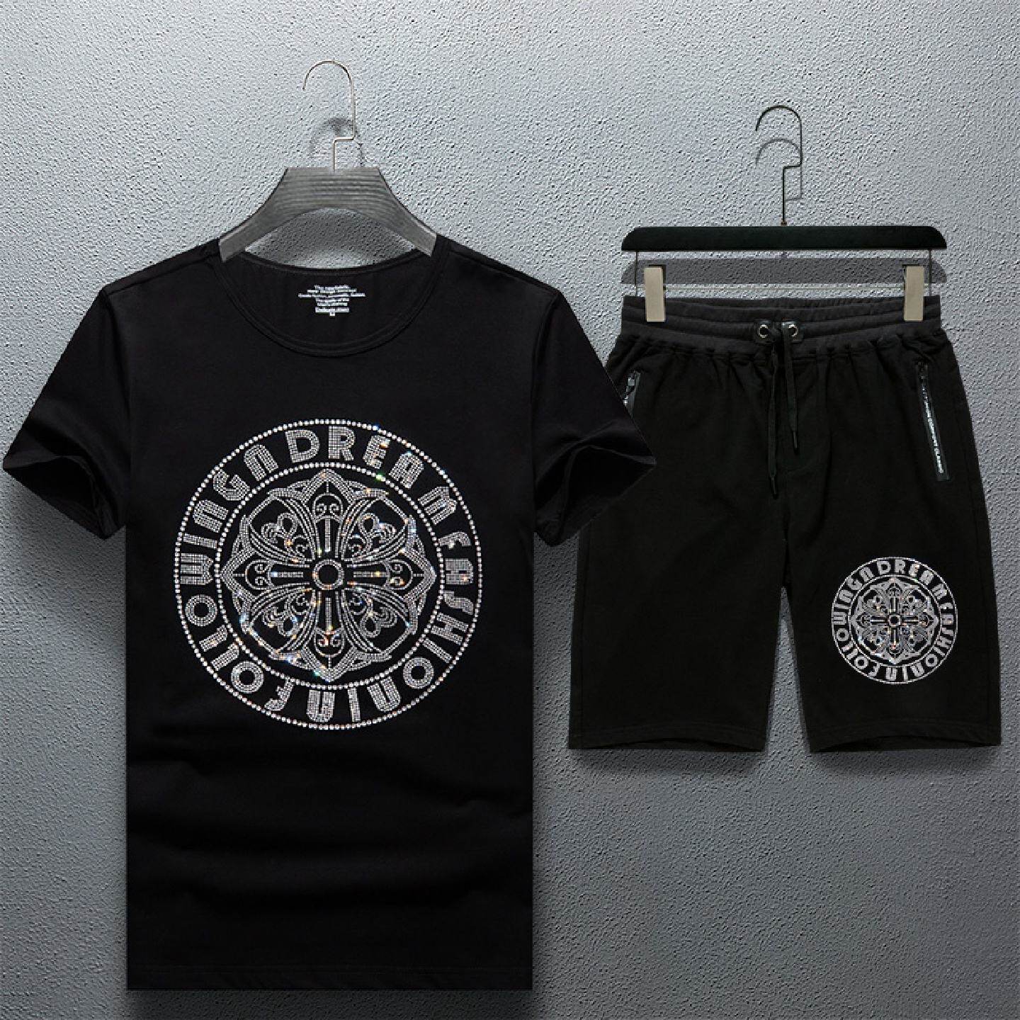2026新夏季烫钻短袖恤套装男个性欧洲站大码两件套社会小伙短裤潮