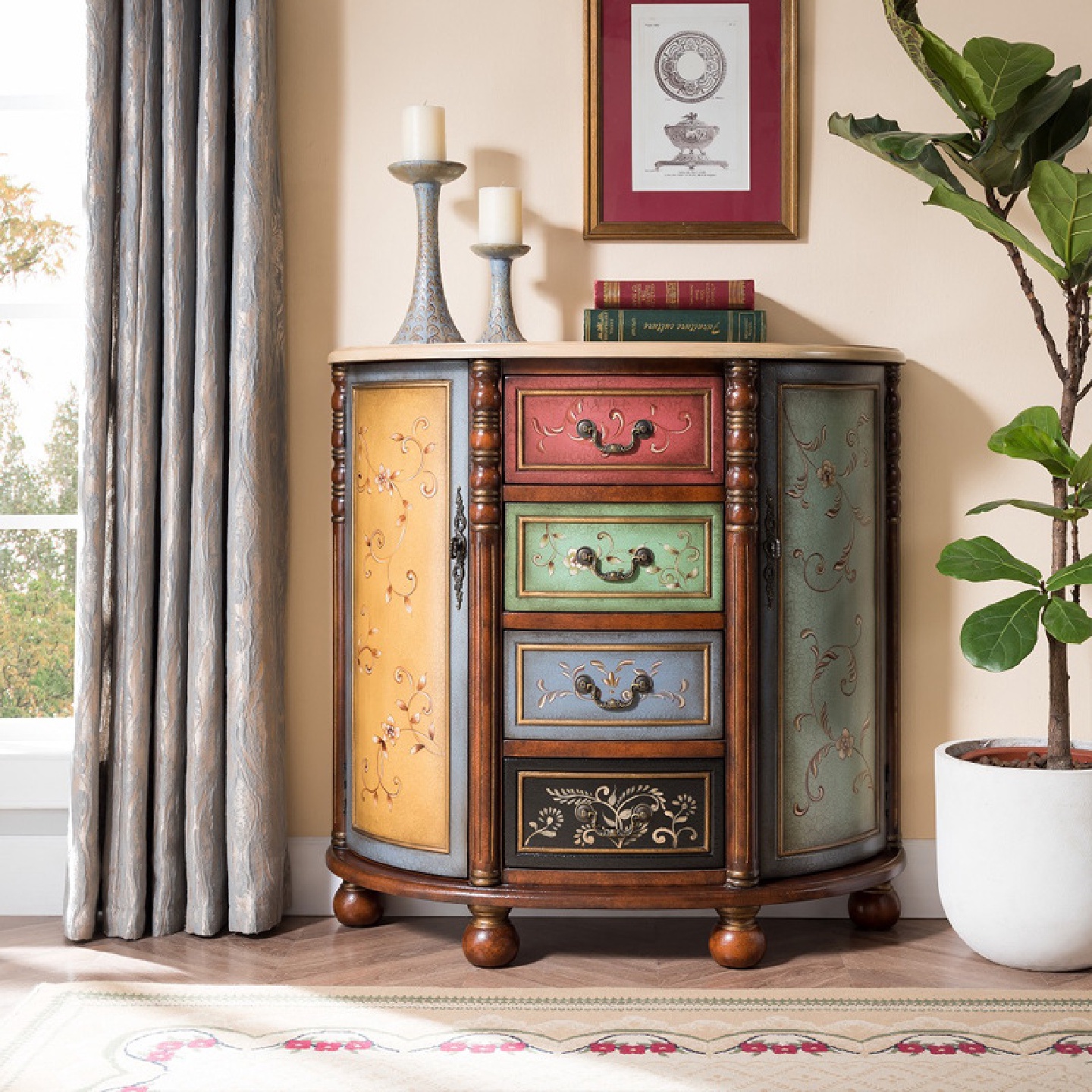 至高美式彩绘实木半圆玄关柜子复古手绘客厅装饰柜隔断柜卧室斗柜