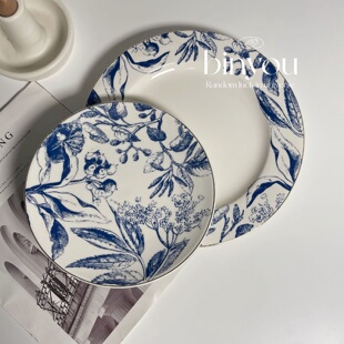 复古花卉陶瓷盘高颜值描金边盘餐盘甜品盘西餐盘子 现货法式