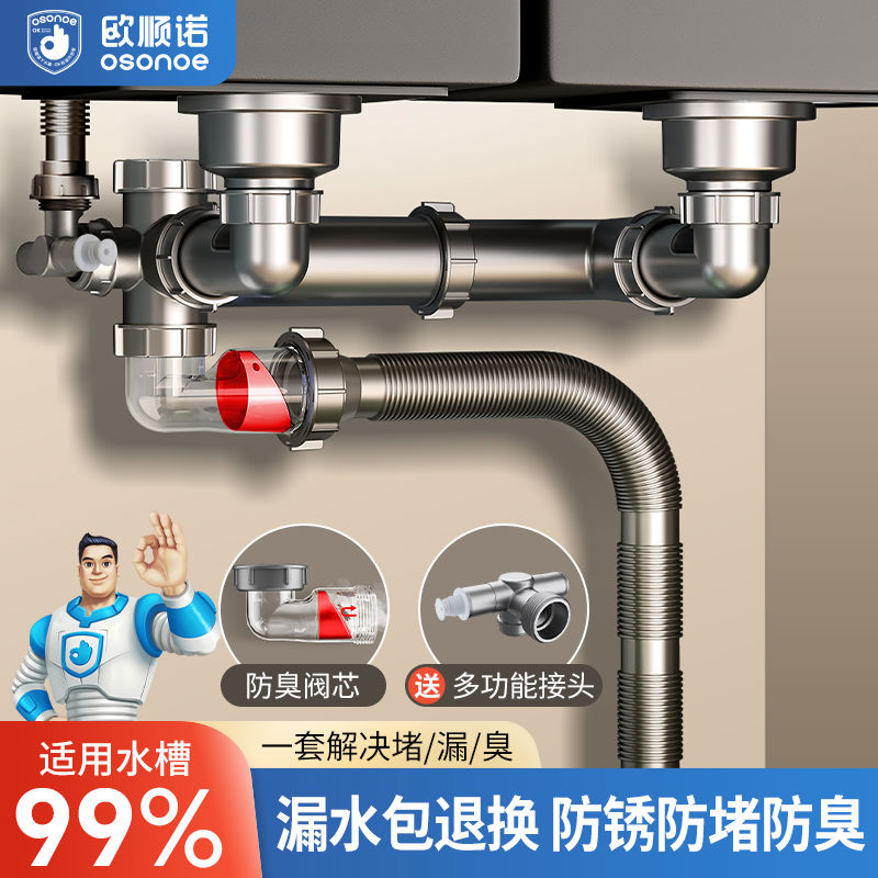 欧顺诺厨房防臭排水管靠墙省空间后置下水单盆双盆通用下水器