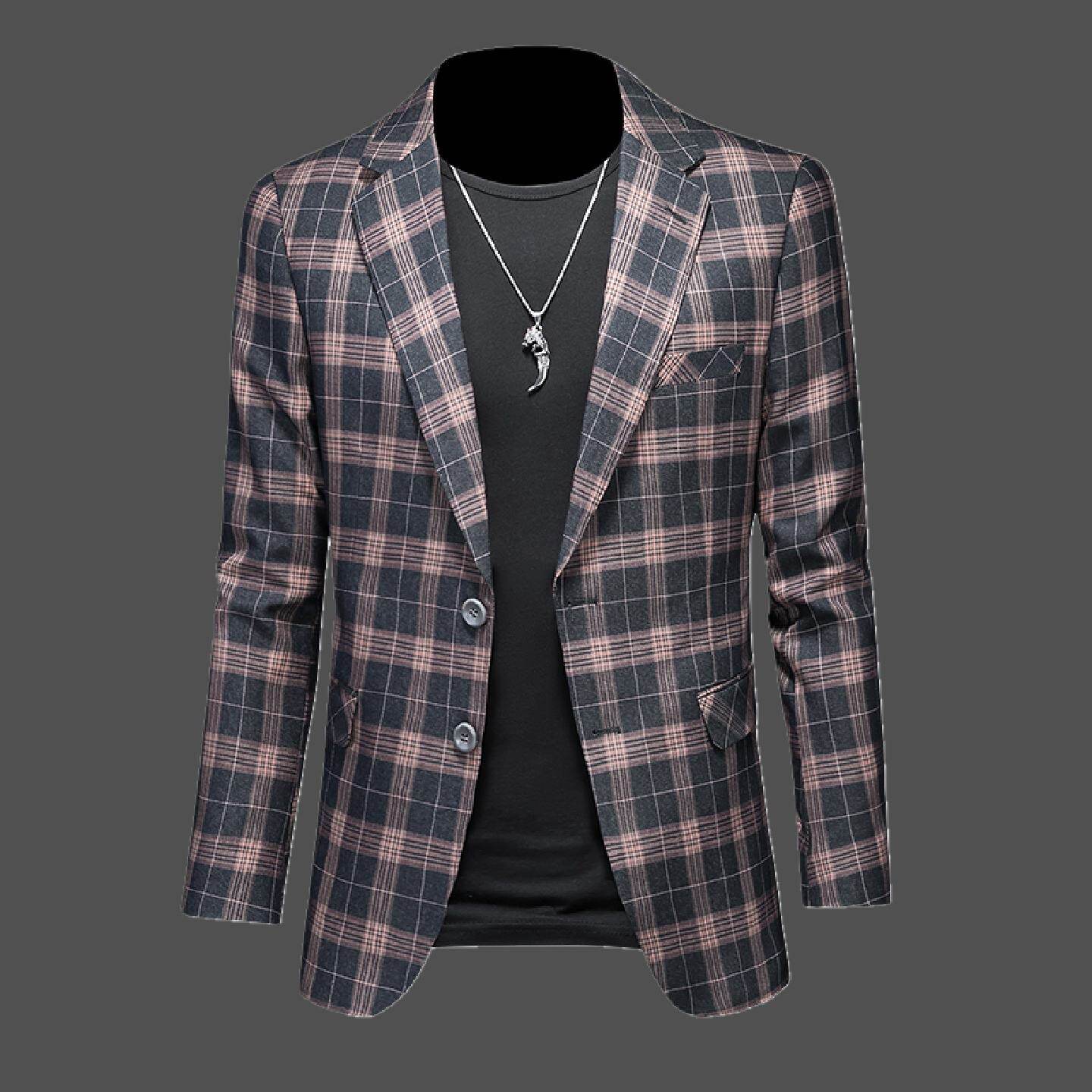 2026欧洲站格子西装男士商务休闲春季免烫修身潮牌外套大码便服单