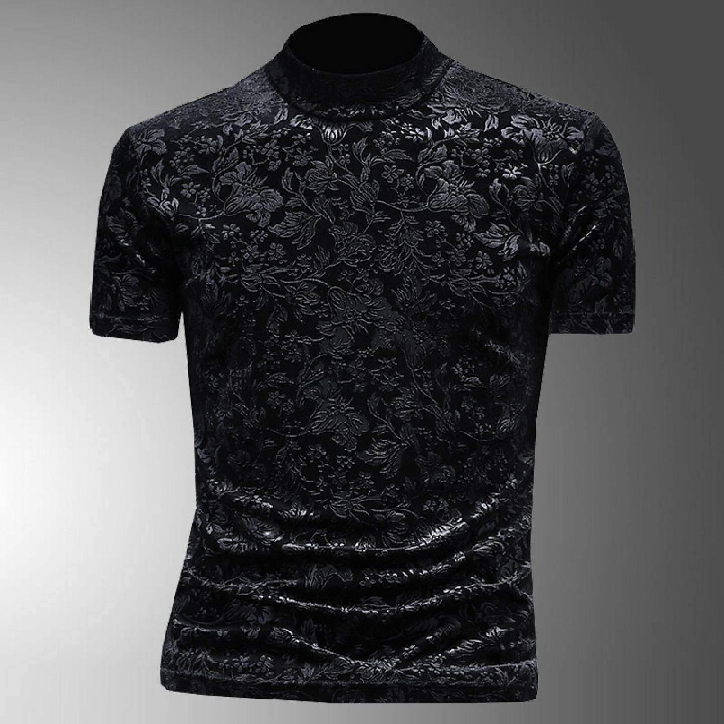 金丝绒加厚短袖恤男装暗花纹半高领打底衫潮流修身半袖内搭小衫潮